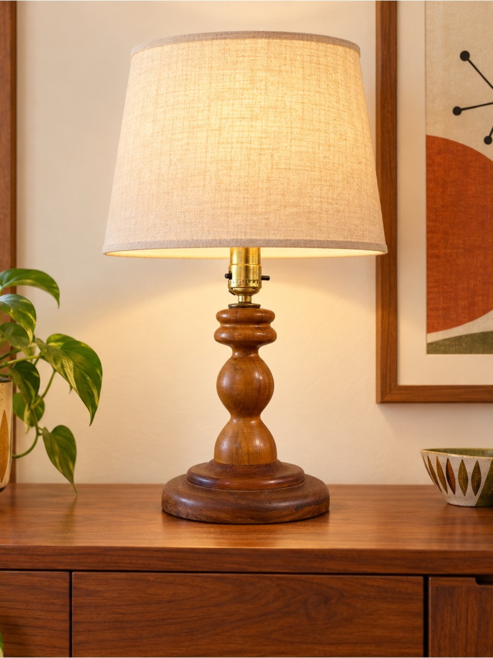 Vintage Turned Wood Table Lamp Base Rustic Farmhouse Cottage Accent Light